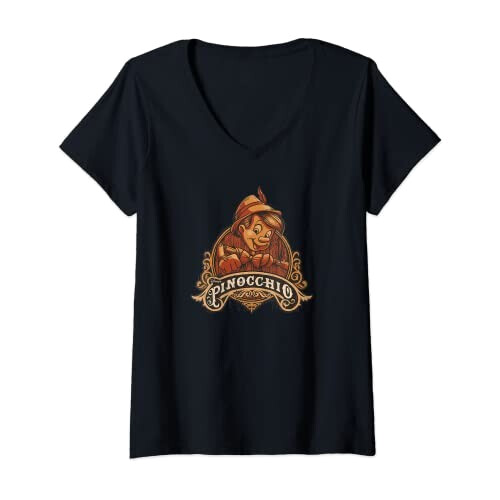 T-shirt Pinocchio noir col en v femme