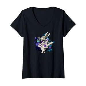 T-shirt Lapin blanc - Alice au pays des merveilles - noir col en v femme