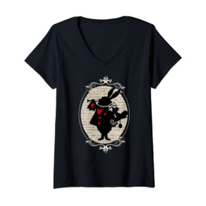T-shirt Lapin blanc - Alice au pays des merveilles - noir col en v femme