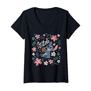 T-shirt Lilo - Stitch - noir col en v femme