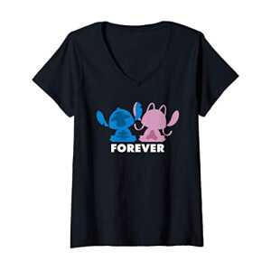 T-shirt Stitch noir col en v femme