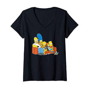 T-shirt Homer Simpson, Bart Simpson, Marge Simpson, Lisa Simpson - Simpsons - noir col en v femme