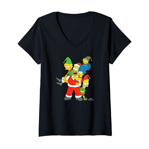 T-shirt Homer Simpson, Bart Simpson, Marge Simpson, Lisa Simpson - Simpsons - noir col en v femme