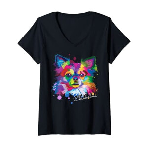 T-shirt Chihuahua - Chien - noir col en v femme