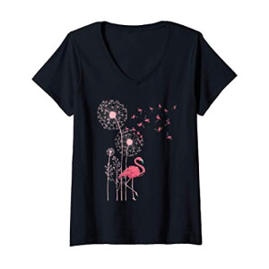 T-shirt Flamant rose noir col en v femme