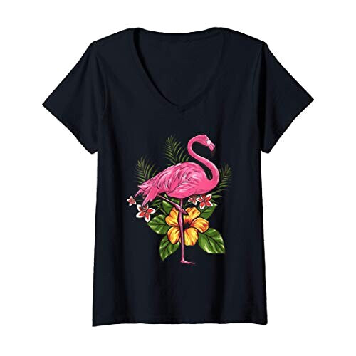 T-shirt Flamant rose bleu col en v femme