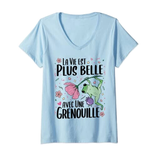 T-shirt Grenouille bleu col en v femme