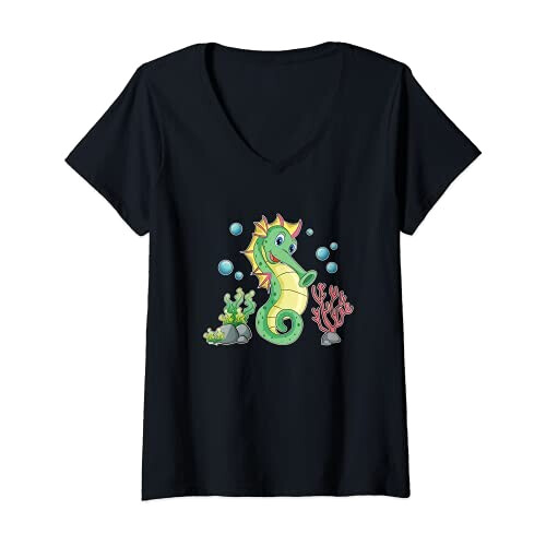 T-shirt Hippocampe noir col en v femme