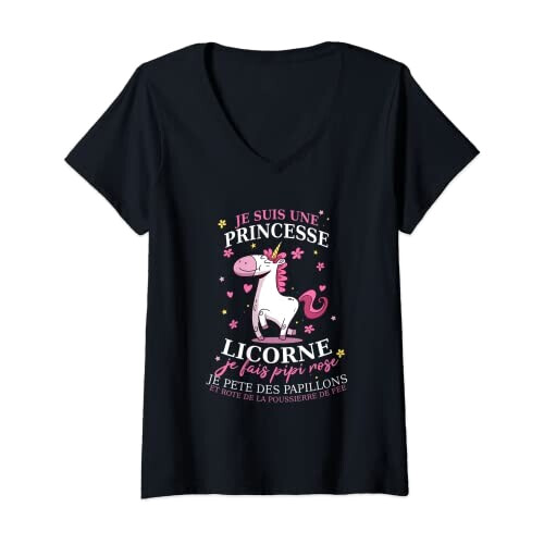 T-shirt Licorne noir col en v femme