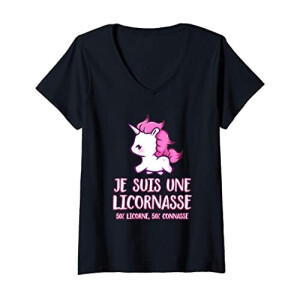 T-shirt Licorne noir col en v femme