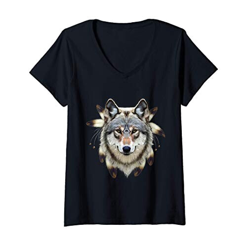 T-shirt Loup noir col en v femme