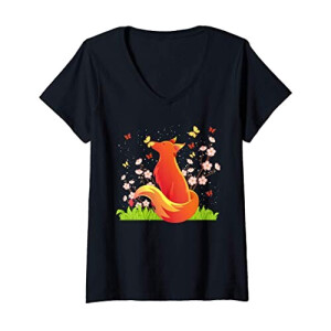 T-shirt Renard noir col en v femme