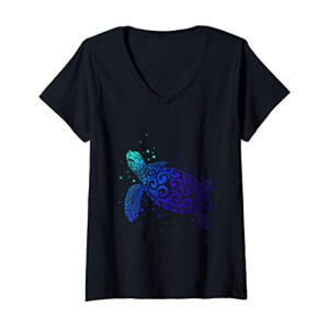 T-shirt Tortue bleu col en v femme