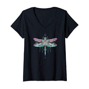 T-shirt Libellule noir col en v femme