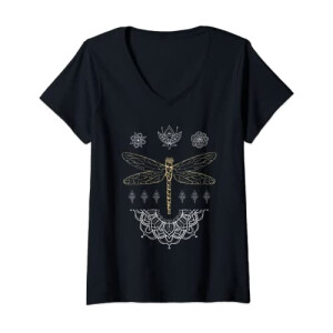 T-shirt Libellule noir col en v femme