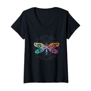 T-shirt Libellule noir col en v femme