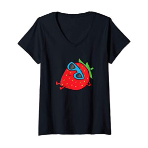 T-shirt Fraise noir col en v femme