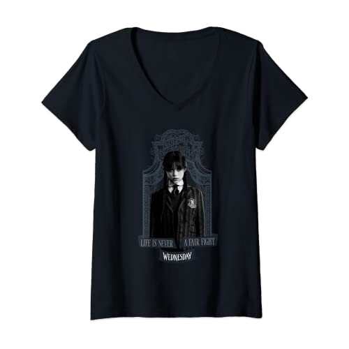 T-shirt Mercredi Addams noir col en v femme