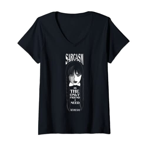 T-shirt Mercredi Addams noir col en v femme