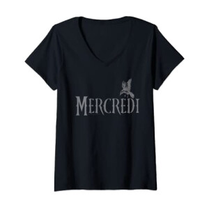T-shirt Mercredi Addams noir col en v femme
