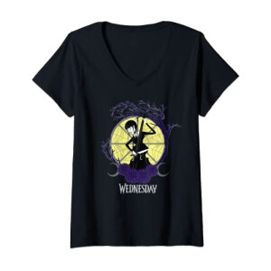 T-shirt Mercredi Addams noir col en v femme