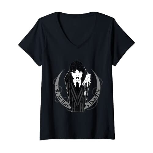 T-shirt Mercredi Addams noir col en v femme